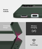 Galaxy Z Flip 7 Case | Onyx - Dark green phone case showing precise port cutouts, a connected hinge, and wireless/NFC icons.