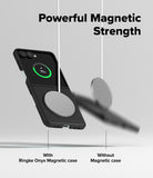 Galaxy Z Flip 7 Case | Onyx Magnetic - A magnetic charger sticks to a phone in an Onyx case while falling off another.