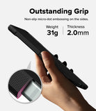 Galaxy Z Flip 7 Case | Onyx Magnetic - Hand holding black phone case with micro-dot side texture, 31g weight, 2.0mm thickness.