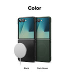 Galaxy Z Flip 7 Case | Onyx Magnetic - Black and dark green magnetic phone cases shown side-by-side with a magnetic charger.