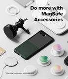 Galaxy Z Flip 7 Case | Onyx Magnetic - Dark green phone case surrounded by various MagSafe chargers and phone grips.