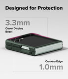 Galaxy Z Flip 7 Case | Onyx Magnetic - Folded phone in green case highlighting 3.3mm display bezel and 1.0mm camera edge protection.