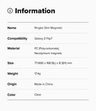 Galaxy Z Flip 7 Case | Slim Magnetic - Information table listing product name, compatibility, material, size, weight, and color.