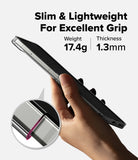 Galaxy Z Flip 7 Case | Slim Magnetic - Hand holding a thin phone case with text highlighting 17.4g weight and 1.3mm thickness.