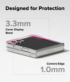 Galaxy Z Flip 7 Case | Slim Magnetic - Folded phone in clear case showing 3.3mm cover display bezel and 1.0mm camera edge.