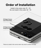 Galaxy Z Flip 8 Screen Protector | Cover Display Tempered Glass Pro (2 Pack) - Instruction graphic showing the correct order of installation for a smartphone screen protector and camera lens accessories, with labeled steps and a phone illustration on a light gray background.