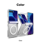 Galaxy Z Flip 8 Case | Fusion Flap Magnetic - Three views of a clear foldable phone case with a magnetic ring, shown on a smartphone with a blue and purple wallpaper. The text 'Color' is at the top and 'Clear' is at the bottom on a white background.