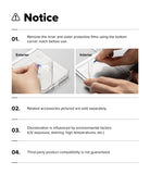 Galaxy Z Flip 8 Case | Fusion Flap Magnetic - A white instruction sheet with the word 'Notice' and four numbered points. Two small photos show hands applying a clear protective film to the exterior and interior of a smartphone, with text explaining that the inner and outer films should be removed before use and that accessories are sold separately.