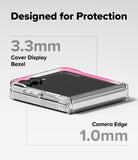 Galaxy Z Flip 8 Case | Fusion Flap Magnetic - A clear phone case with a pink inner bumper shown around a folded smartphone on a light gray background. Text reads 'Designed for Protection,' '3.