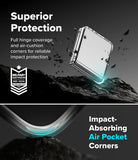 Galaxy Z Flip 8 Case | Fusion Flap - Promotional graphic for a smartphone case with text reading 'Superior Protection' and 'Impact-Absorbing Air Pocket Corners.' The image shows a transparent phone case floating above dark rocky terrain, with a glowing cyan air-pocket effect and a military-style badge on the left.