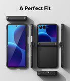 Galaxy Z Flip 8 Case | Onyx Flap Magnetic - A black smartphone case shown from multiple angles on a light gray background, with the text 'A Perfect Fit' at the top. The phone inside the case displays a blue and purple wallpaper.
