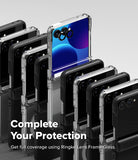 Galaxy Z Flip 8 Case | Onyx Flap Magnetic - A promotional render showing multiple smartphone cases arranged in rows, with one clear case on a phone standing upright in the center. The text reads, 'Complete Your Protection' and 'Get full coverage using Ringke Lens FrameGlass.