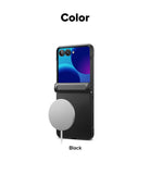 Galaxy Z Flip 8 Case | Onyx Flap Magnetic - A black foldable smartphone case shown on a phone, with a large white circular magnetic charging pad attached. The image has the word 'Color' at the top and 'Black' at the bottom on a plain white background.