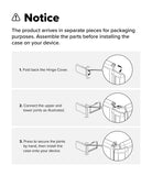 Galaxy Z Flip 8 Case | Onyx Flap Magnetic - Instruction notice sheet showing three steps for assembling a product case: fold back the hinge cover, connect the upper and lower joints, and press to secure the joints before installing the case on a device.