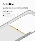 Galaxy Z Flip 8 Case | Onyx Flap Magnetic - Instruction graphic showing a smartphone with a highlighted non-slip tape strip inside the camera cutout, plus text noting to use the included non-slip tape and an optional accessory.