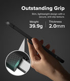 Galaxy Z Flip 8 Case | Onyx Flap Magnetic - A hand holds a slim black phone case against a dark gray background, with marketing text reading 'Outstanding Grip' and details about weight 39.9g and thickness 2.