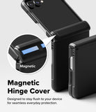 Galaxy Z Flip 8 Case | Onyx Flap Magnetic - Black magnetic hinge cover case shown attached to a smartphone, with a circular inset highlighting the magnetic feature and text reading 'Magnetic Hinge Cover' on a light gray background.