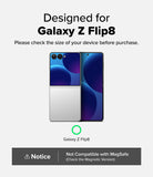 Galaxy Z Flip 8 Case | Onyx Flap - Compatibility graphic for a Galaxy Z Flip8 phone, showing front and back views of the device on a light gray background with text stating 'Designed for Galaxy Z Flip8' and a notice at the bottom about MagSafe compatibility.