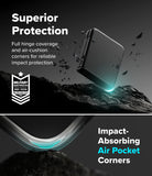 Galaxy Z Flip 8 Case | Onyx Flap - Promotional graphic for a protective phone case with text reading 'Superior Protection' and 'Impact-Absorbing Air Pocket Corners.' The case is shown floating above dark rocks with debris effects, plus a close-up of a curved corner with a glowing teal air pocket.