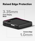 Galaxy Z Flip 8 Case | Onyx Flap - A black phone case with a pink accent edge shown on a light gray background, with text highlighting raised edge protection: 3.35mm for the cover display bezel and 1.