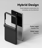 Galaxy Z Flip 8 Case | Onyx Flap - A black hybrid phone case with a built-in kickstand is shown alongside a smartphone on a light gray background, with text explaining the dual-material design: outer layer flexible TPU and inner layer hard PC.