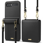 Galaxy Z Flip Case | Folio Signature Black - Black textured leather folio case for Galaxy Z Flip with gold hardware and strap.