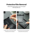 Galaxy Z Flip Case | Folio Signature Black - Two-step guide showing hands using tape to peel protective film off a phone case.