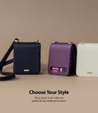 Galaxy Z Flip Case | Folio Signature Black - Three textured leather folio cases in black, purple, and cream on a tan background.