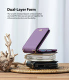 Galaxy Z Flip Case | Folio Signature Black - Three stacked Galaxy Z Flip folio cases in purple, white, and black on a woven mat.
