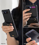 Galaxy Z Flip Case | Folio Signature Black - Black leather folio case for Galaxy Z Flip with finger loop and raised bezel.