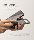 Galaxy Z Flip Case | Folio Signature Black - Hands detaching a Galaxy Z Flip phone from its black folio case via a gel pad.