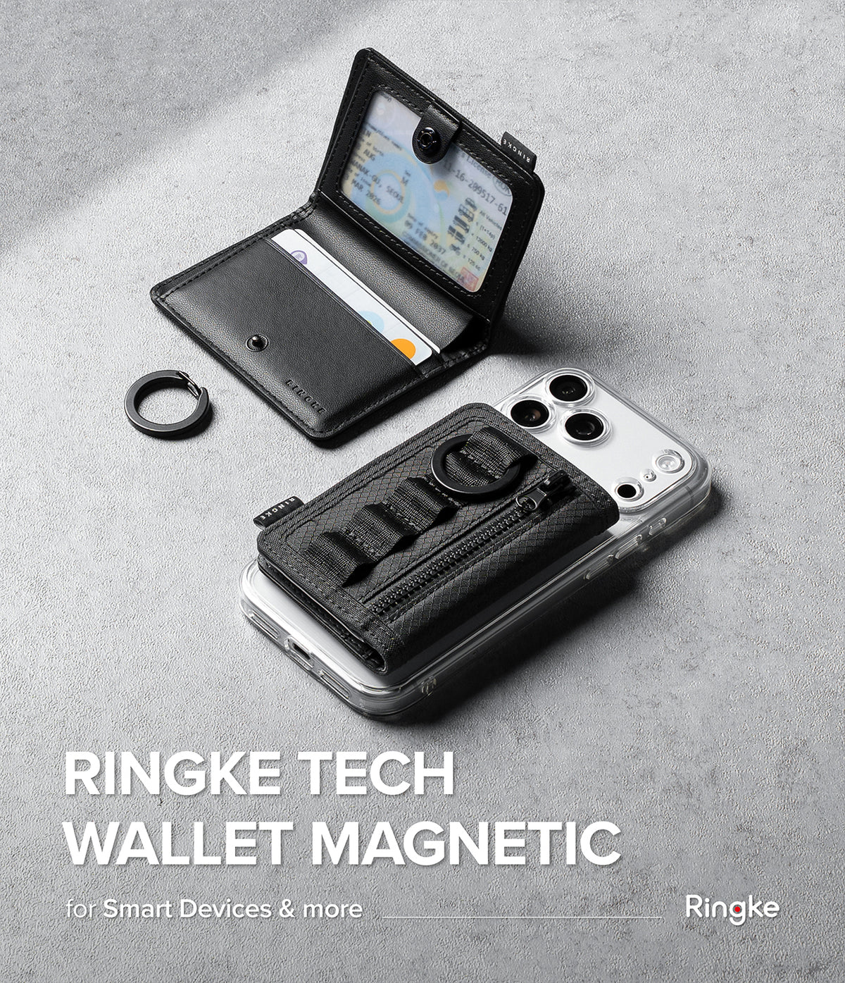 Wallet  | Tech Magnetic - Black Ringke Tech magnetic wallet case shown with a smartphone and a separate ring strap on a textured gray background, with product text at the bottom.