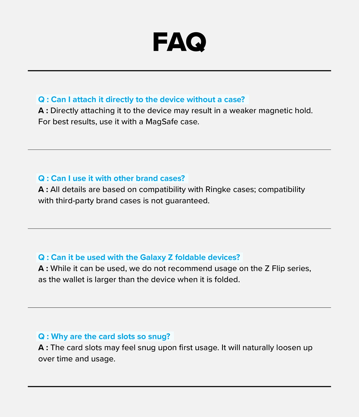Wallet  | Tech Magnetic - A FAQ informational graphic with the heading 'FAQ' at the top and four question-answer sections about MagSafe compatibility, device compatibility, and card slot depth on a light gray background.