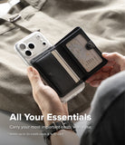 Wallet  | Tech Magnetic - A person holds an open black leather wallet phone case with a clear phone case and cards visible inside, set against a beige fabric background with promotional text at the bottom.