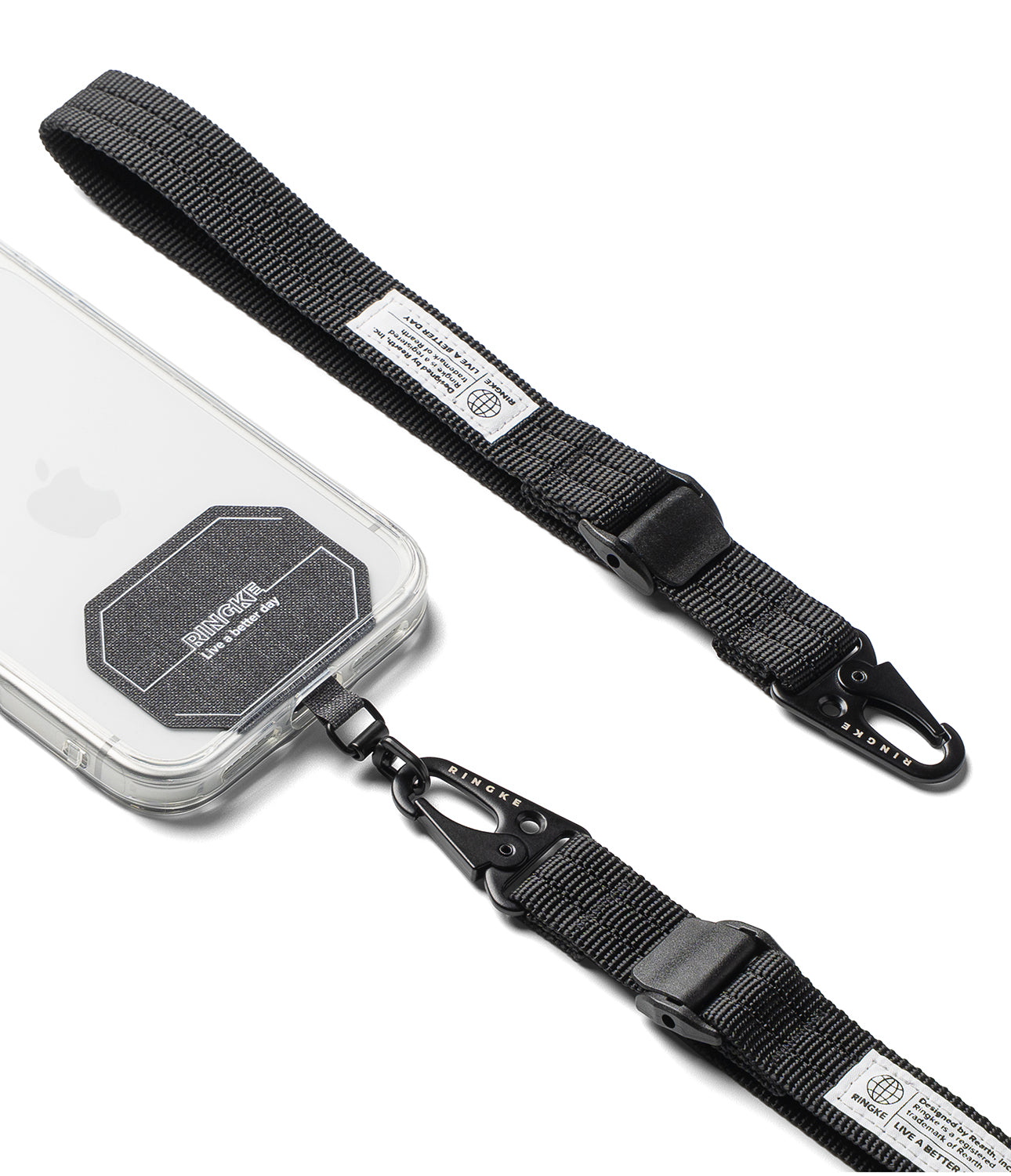 Holder Link Tactical Cam Buckle Hand Strap - A black nylon phone strap with a quick-release plastic buckle and metal carabiner, shown attached to a clear smartphone case on a white background.