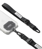 Holder Link Tactical Cam Buckle Hand Strap - A black nylon phone strap with a quick-release plastic buckle and metal carabiner, shown attached to a clear smartphone case on a white background.
