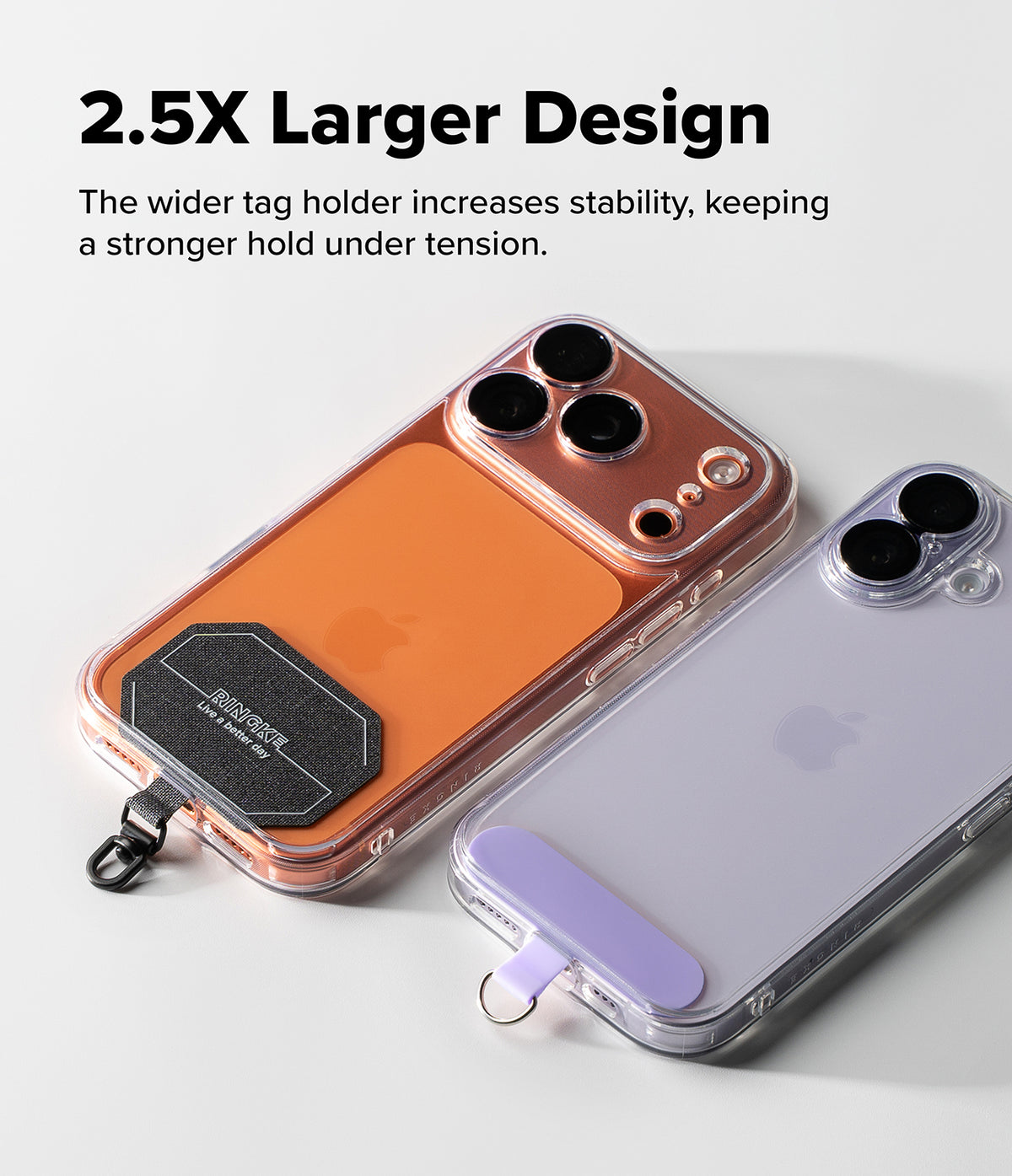 Holder Link Tactical Cam Buckle Hand Strap - Two clear phone cases with integrated orange and lavender grip tabs are shown on iPhones against a light gray background, with text reading '2.5X Larger Design' and a descriptive feature callout.