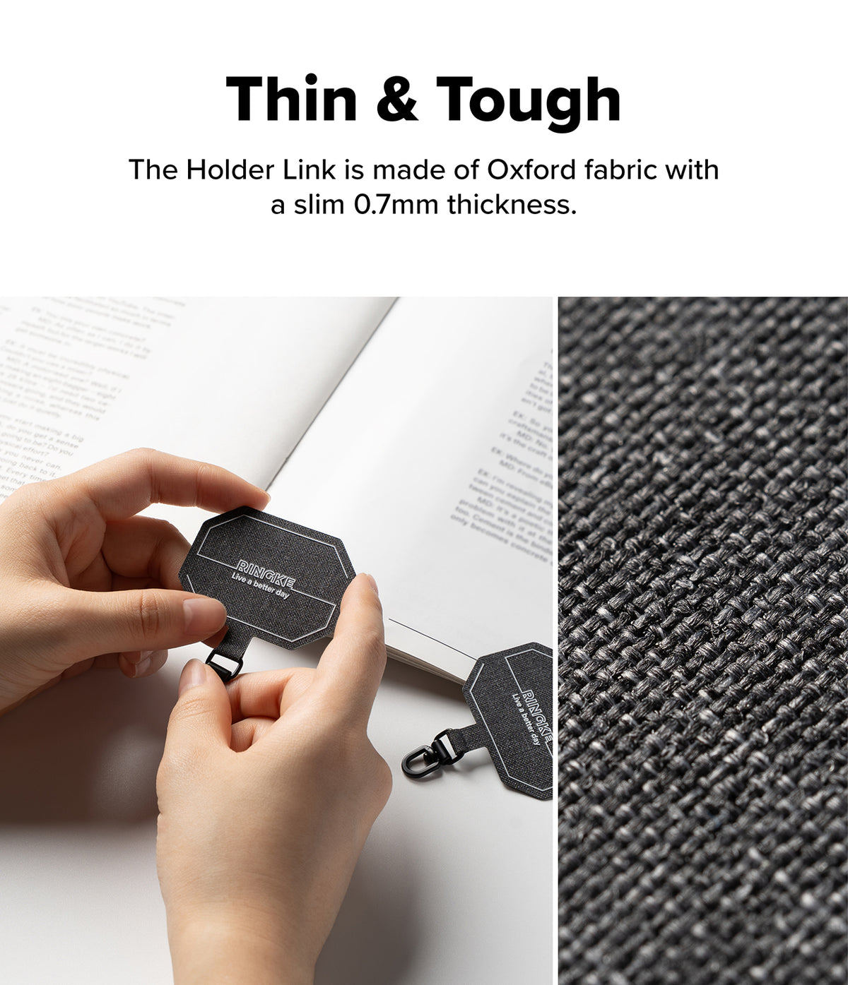 Holder Link Tactical Cam Buckle Hand Strap - Thin and tough holder link made of Oxford fabric with a hand holding it and close-up of fabric texture.