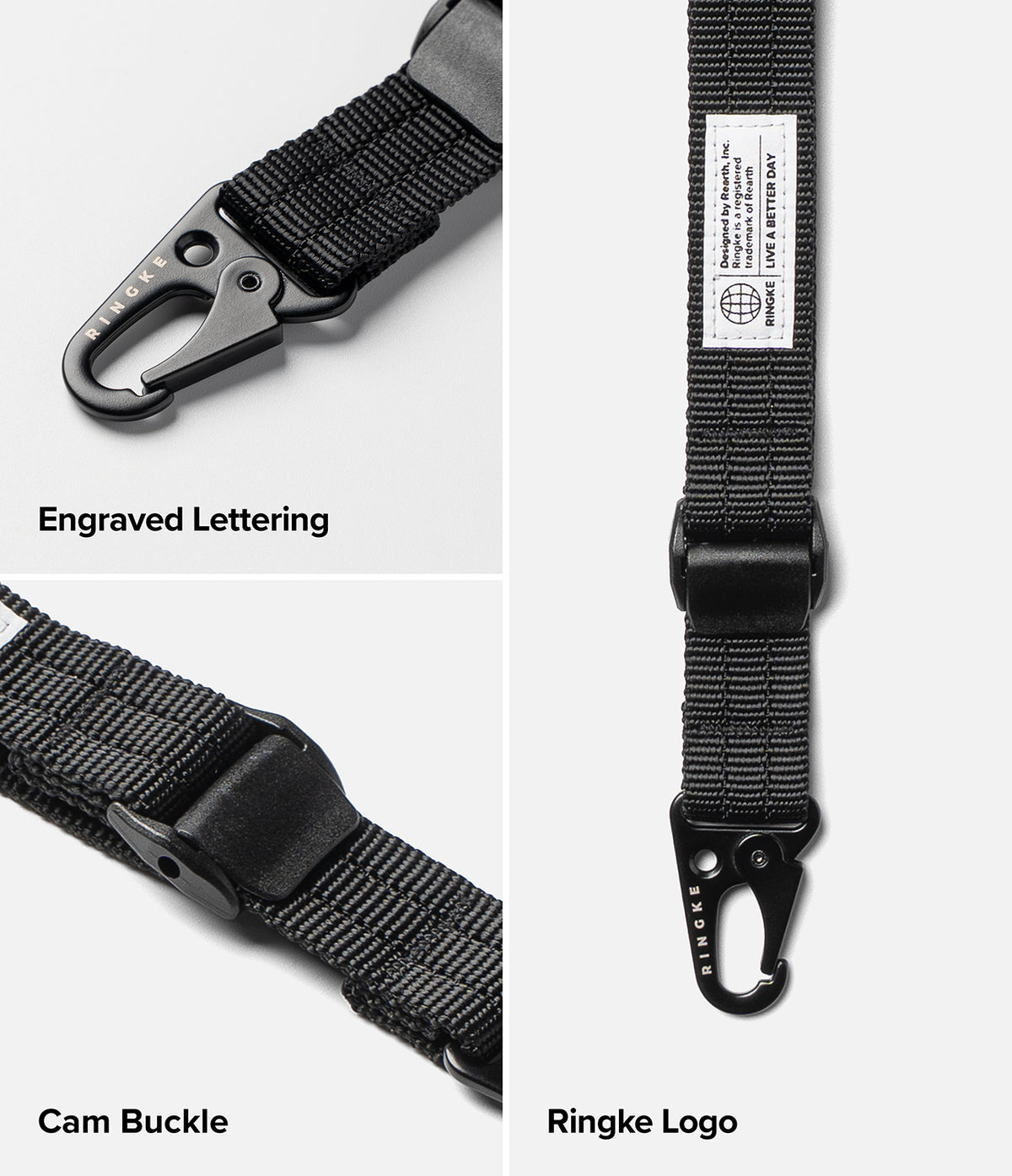 Holder Link Tactical Cam Buckle Hand Strap - Black nylon webbing strap with a black carabiner, shown in a three-panel detail layout highlighting engraved lettering, cam buckle, and ringke logo.