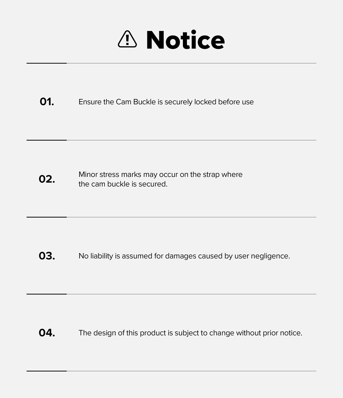Holder Link Tactical Cam Buckle Hand Strap - Notice sheet with safety instructions and product information on a white background