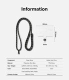 Holder Link Strap | Clear - Black rope strap and clear phone tether tab with dimensions and material specifications table.