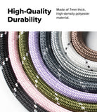 Holder Link Strap | Black - Close-up of multi-colored, 7mm thick braided polyester rope straps arranged in a semi-circle.