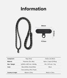 Holder Link Strap | Black - Black rope strap and link component with technical dimensions and material specifications table.