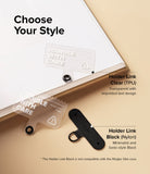 Holder Link Strap | Black - Comparison of clear TPU and black nylon phone strap attachments on a beige background.