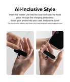 Holder Link Strap | Black - Two-step installation guide showing a black strap insert placed into a clear phone case.