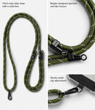 Holder Link Strap | Black - Olive green rope lanyard with black metal clips, aperture, and tab closure for phone attachment.