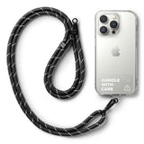 Holder Link Strap | Clear - Black braided rope lanyard with metal clips attached to a clear phone case with white text.