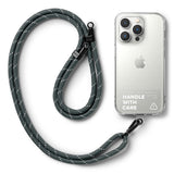 Holder Link Strap | Clear - Charcoal gray rope lanyard with black clips attached to a clear phone case with Handle With Care text.