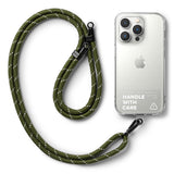 Holder Link Strap | Clear - Khaki rope lanyard with reflective accents attached to a clear phone case with Handle With Care text.