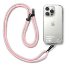 Holder Link Strap | Clear - Pink braided phone lanyard with black clips attached to a clear iPhone case.